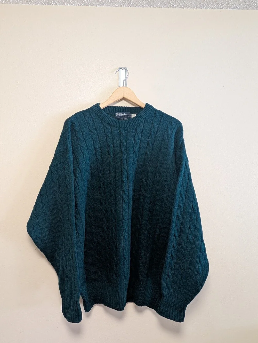 Burberrys Vintage Cable Knit Wool Sweater Deep Green Men's Medium